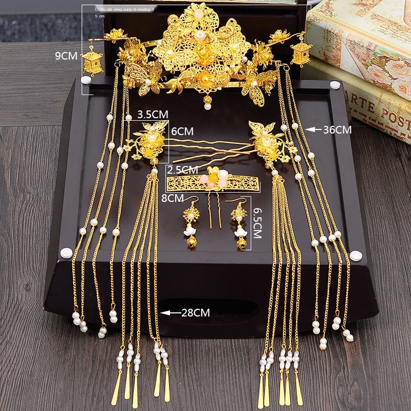 [Aishang Trang Sức Đẹp] Trâm Cài Tóc Xiuhe Vàng Tích Hợp Phụ Kiện Hóa Trang Cô Dâu Phong Cách Trung Hoa Cổ Điển Xiuhe Xiuhe Xiuhe