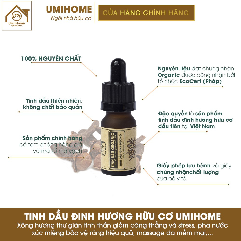 Combo 3 loại Tinh Dầu UMIHOME gồm Gỗ Hồng, Ngọc Lan Tây, Đinh Hương (10mlx3) hữu cơ nguyên chất