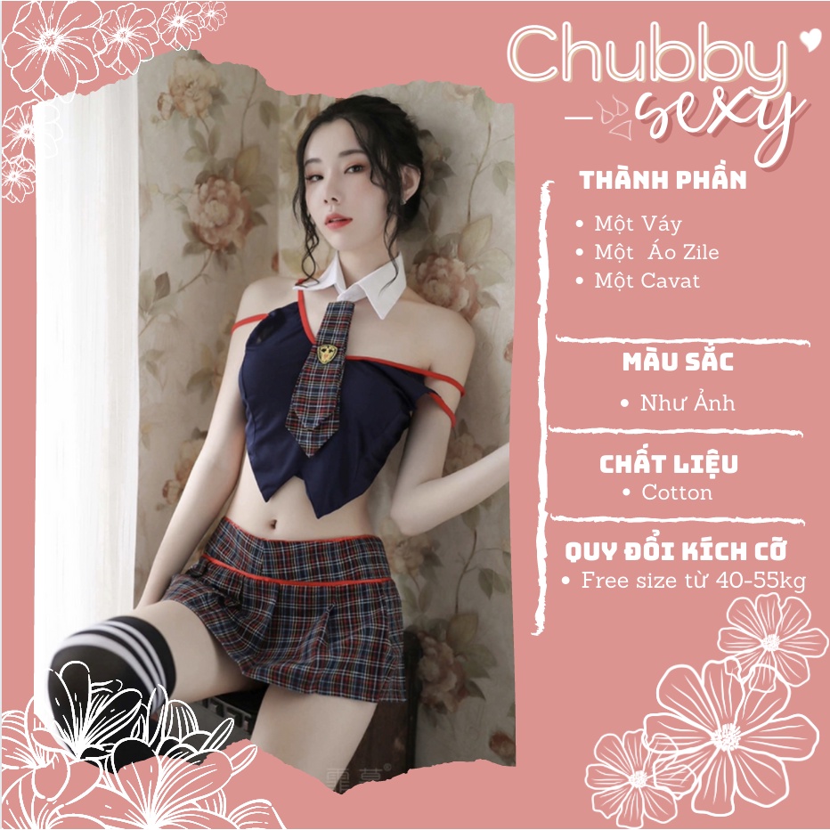 Cosplay Học Sinh Phá Cách Nhật Bản - Set Đồ Ngủ Sexy Hoá Trang Học Sinh Áo Zile Kèm Cavat Váy Caro - CPL43 - Chubby.Sexy