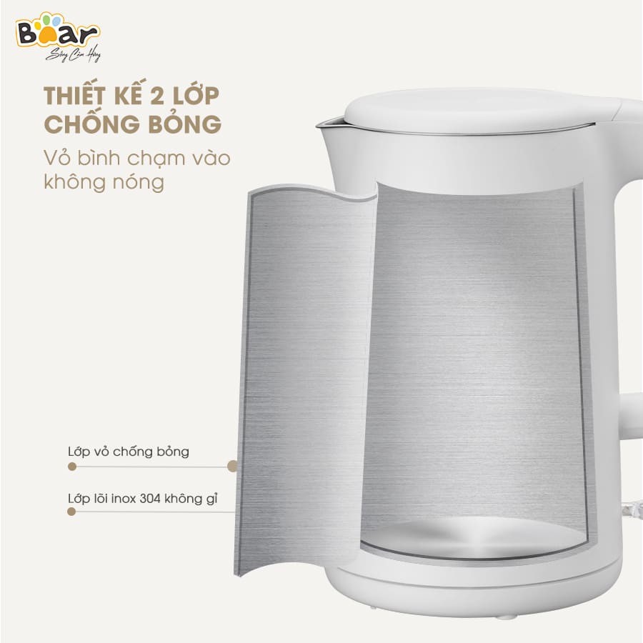 Ấm siêu tốc 1.5L Bear ZDH-B15T1,Công nghệ nhiệt Strix,an toàn và nhanh chóng, Lõi ấm inox 304 cao cấp, Công tắc tự ngắt