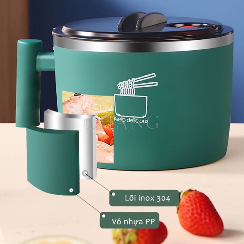 Ca Mỳ Mini Lõi Inox Cách Nhiệt Có Quai Cầm Chống Nóng 1.2L, Bát Ăn Mì Có Nắp Đậy Nấu Đa Năng T215