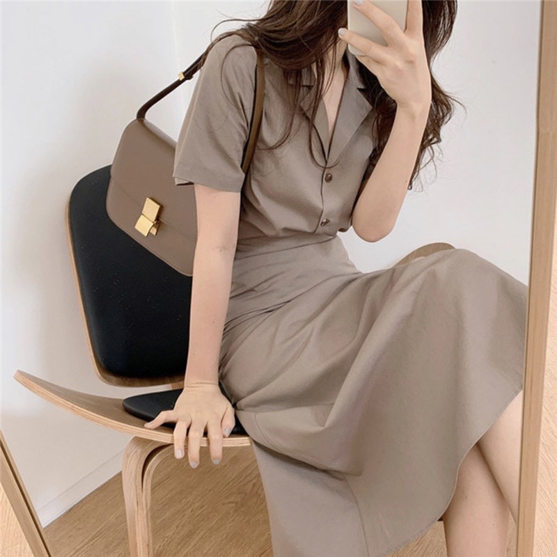 Áo sơ mi cổ Vest Phong cách Hàn Quốc + Chân váy Midi dài Lưng cao Ulzzang Thời trang Kiểu dáng Pháp