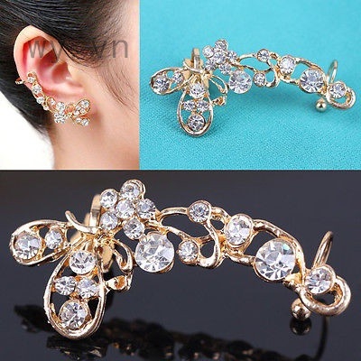 Khuyên tai vàng hình hoa và bướm đính đá pha lê phong cách retro