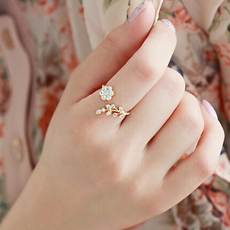 Nhẫn dạng hở hình hoa lá mạ vàng bạc đính đá pha lê phong cách ins hàn quốc
