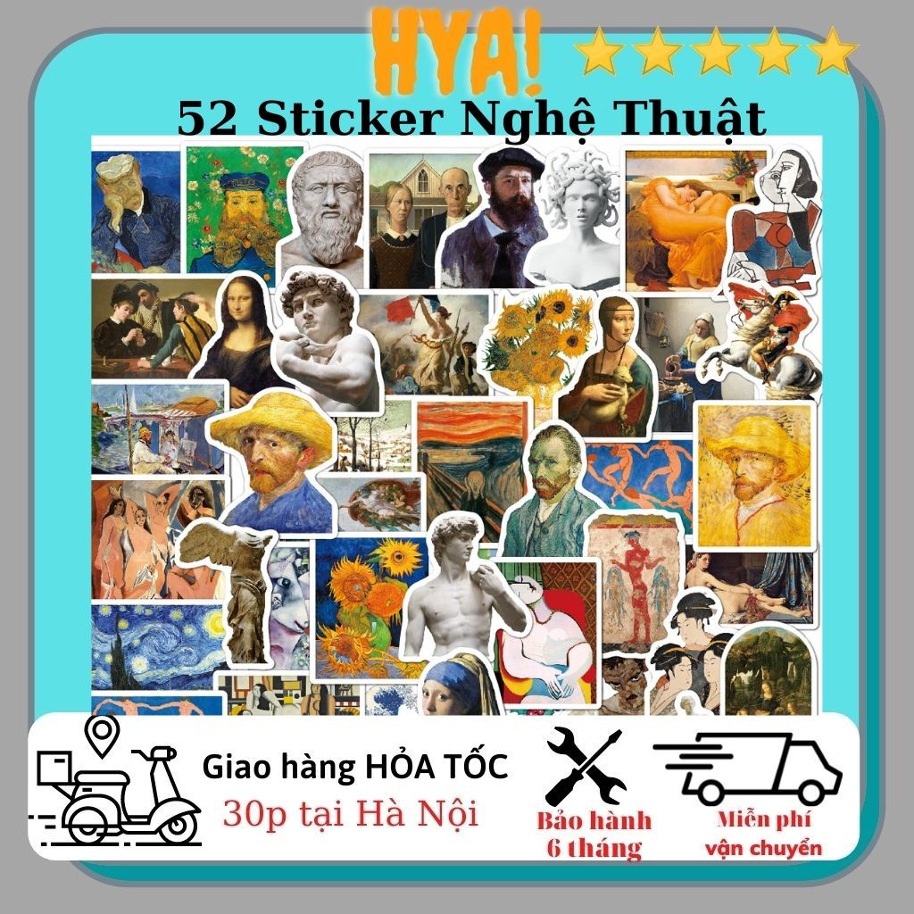 Hình dán sticker cute tranh nghệ thuật HYA Set 50 hình chống nước trang trí mũ bảo hiểm,xe máy,laptop, ván trượt, guitar