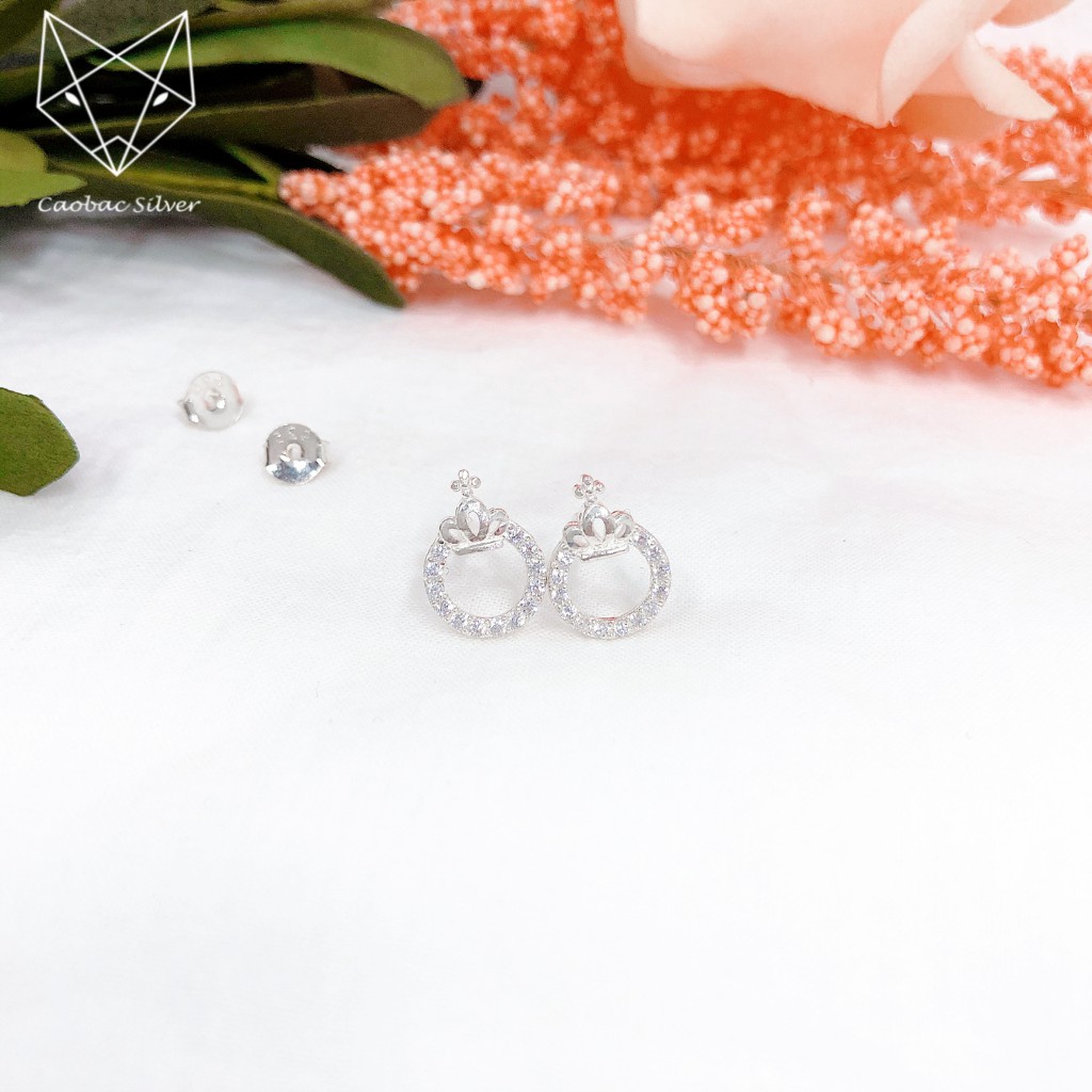 Bông Tai Bạc Nữ CaoBac Silver Hoạ Tiết Tròn Rỗng Đỉnh Hình Vương Miện Xinh Xắn Cho Nữ