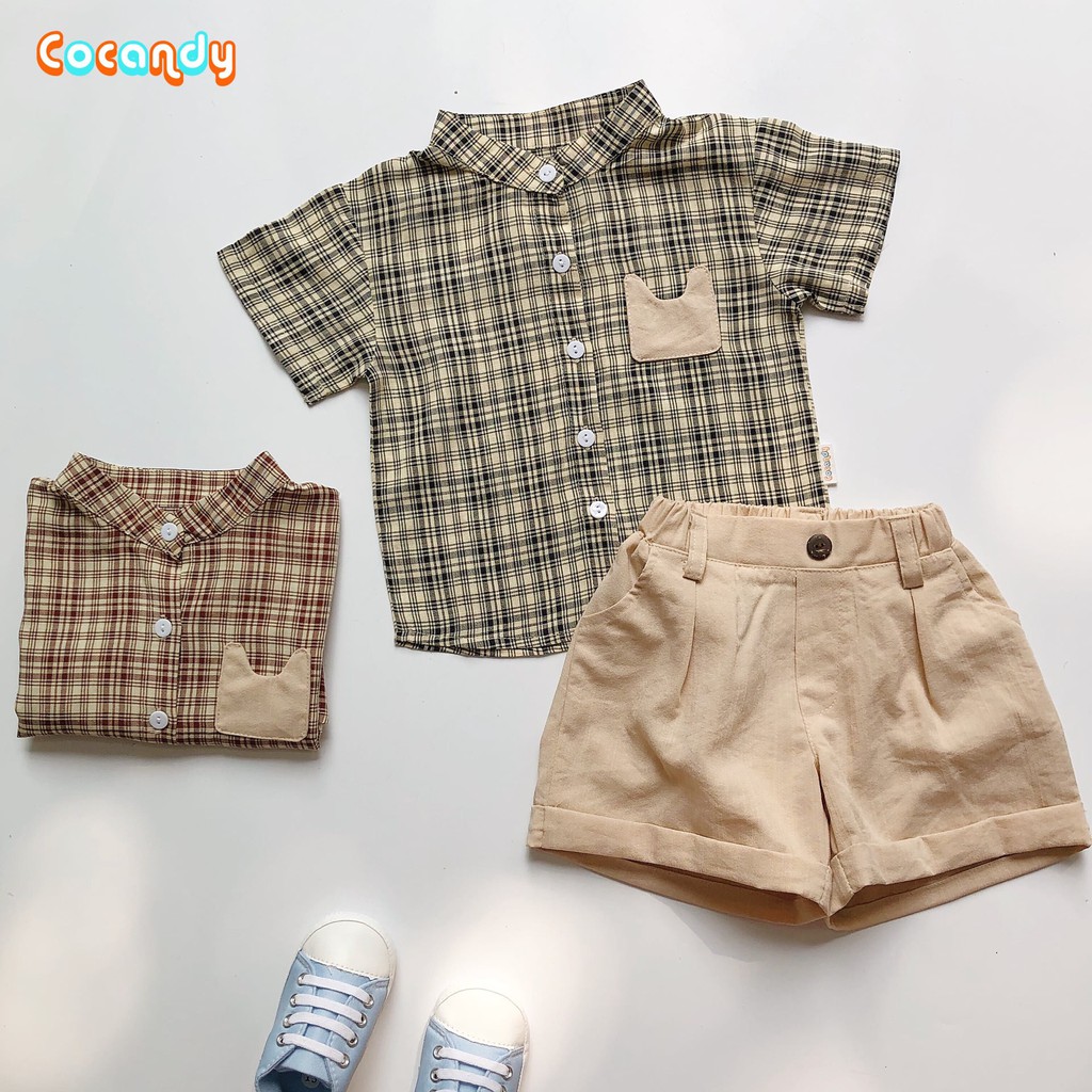 Quần áo trẻ em -Áo sơ mi caro túi thỏ và quần đũi be cộc cho bé của COCANDY mã AS101104, QD101120