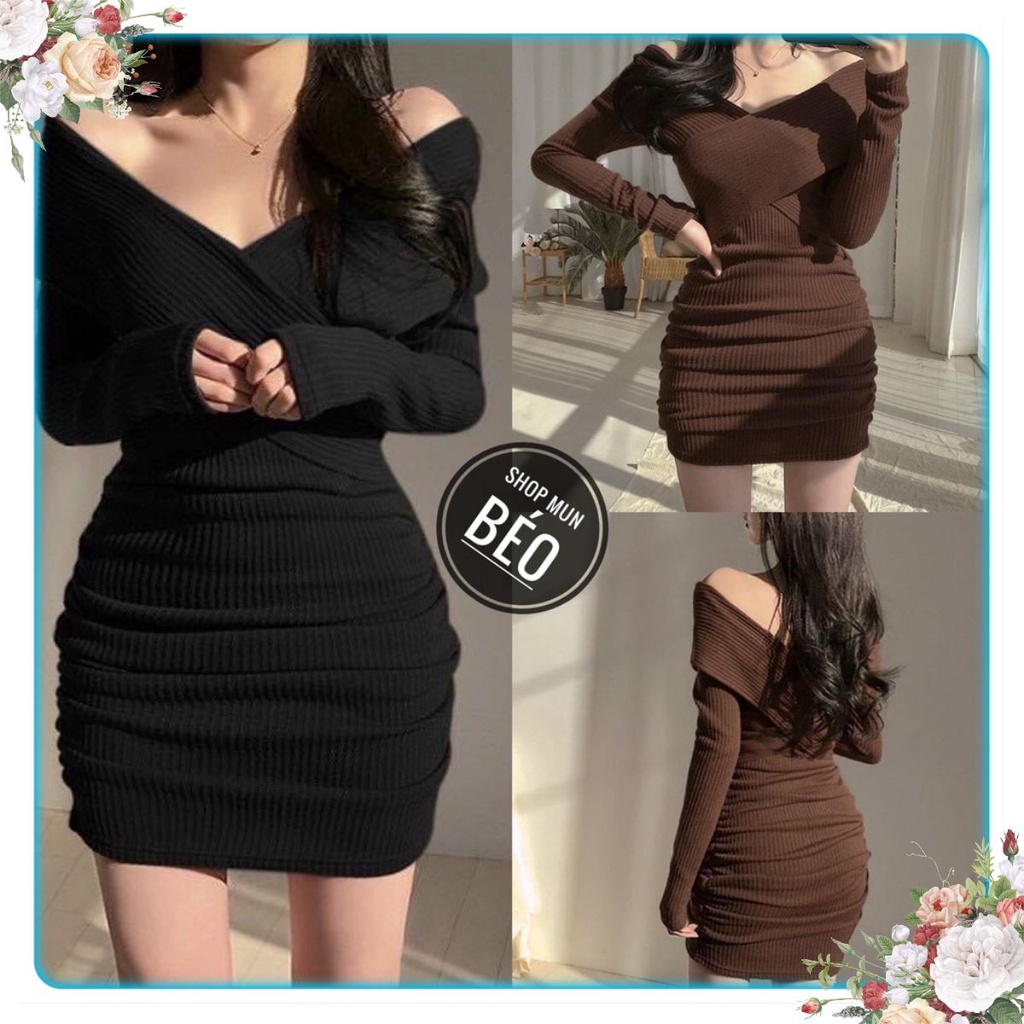 Đầm Body Hở Vai Tay Dài Cổ V Chất Thun Gân Thích Hợp Mặc Đi Tiệc Đi Làm Đi Chơi