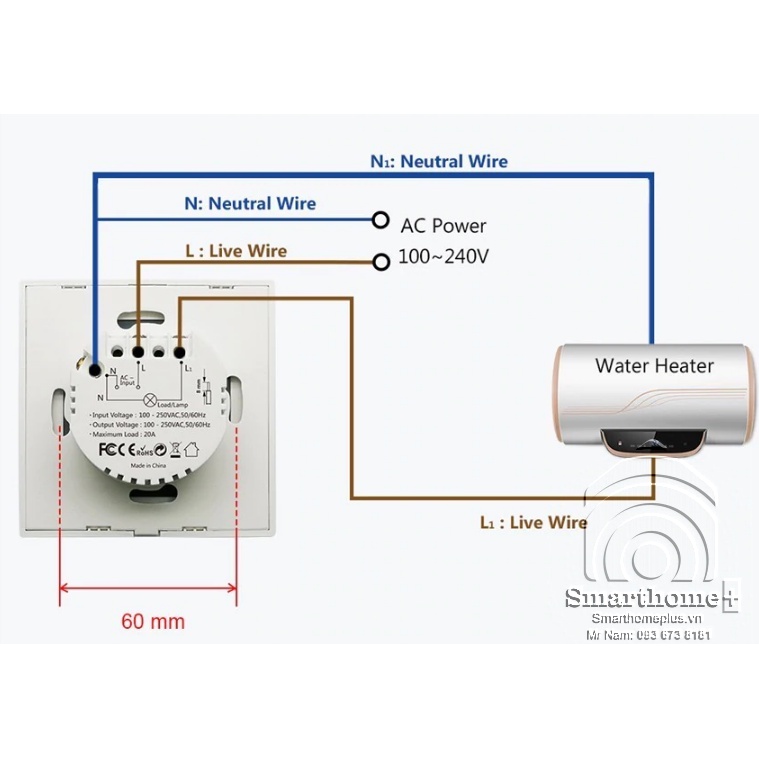 Công Tắc Bình Nóng Lạnh Công Suất Cao Wifi Tuya Hình Vuông  20A-4400W Hẹn Giờ Điều Khiển Từ Xa Qua App