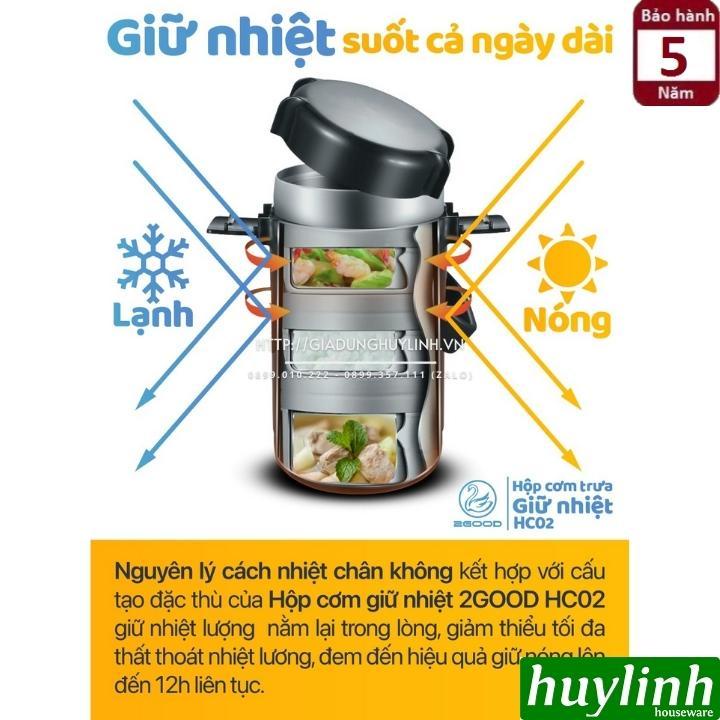 Hộp cơm giữ nhiệt 3 ngăn 2Good HC02 - 2 lít - Tặng túi xách - Kèm Đũa - Thìa - Bảo hành 5 năm