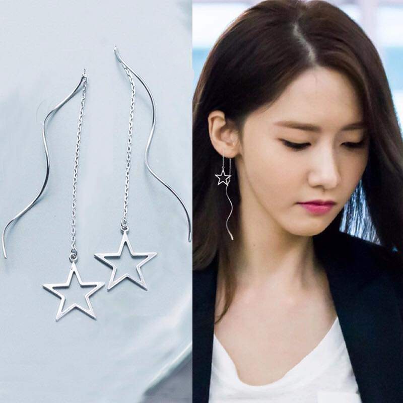 Bông tai bạc ta Bông dáng dài treo Ngôi Sao lung linh