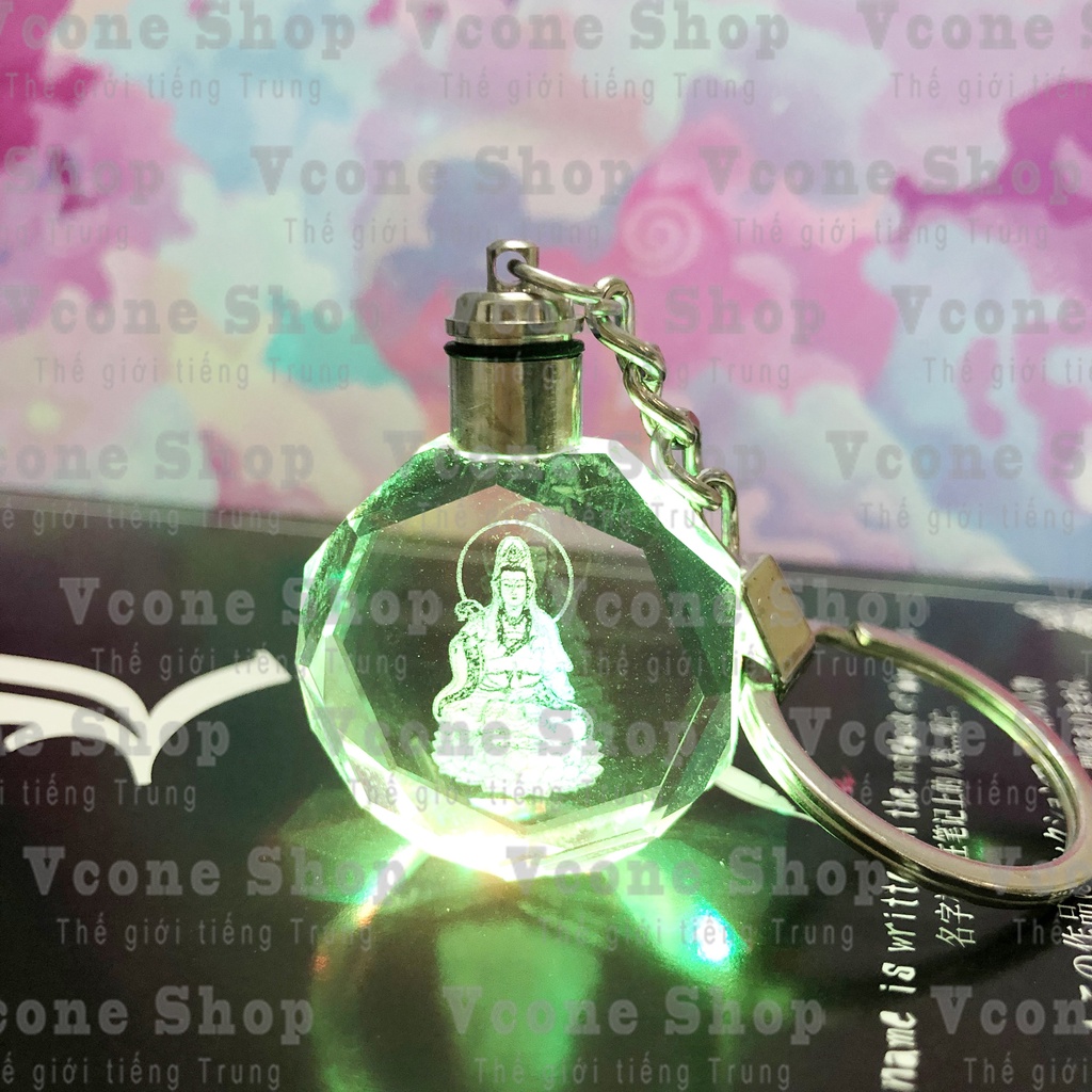 Móc khóa phát sáng pha lê thủy tinh Tượng phật bà QUAN ÂM NGỒI ĐÀI SEN quà tặng xinh xắn