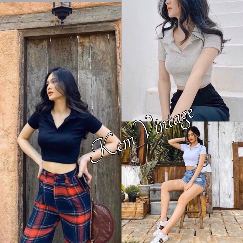 Áo Croptop Polo Cộc Tay Nữ , 🌹KemVintage<FREESHIP>🌹, Áo Cổ Bẻ Chất Thun Gân, Áo Croptop Cổ Tim 3 Màu ĐEN TRẮNG GHI