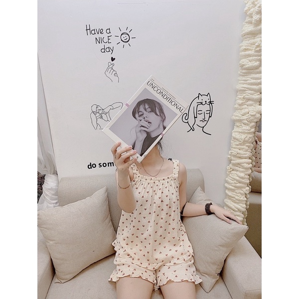 Bộ pijama hai dây chất muslin xô cao cấp form to rộng hàng thiết kế