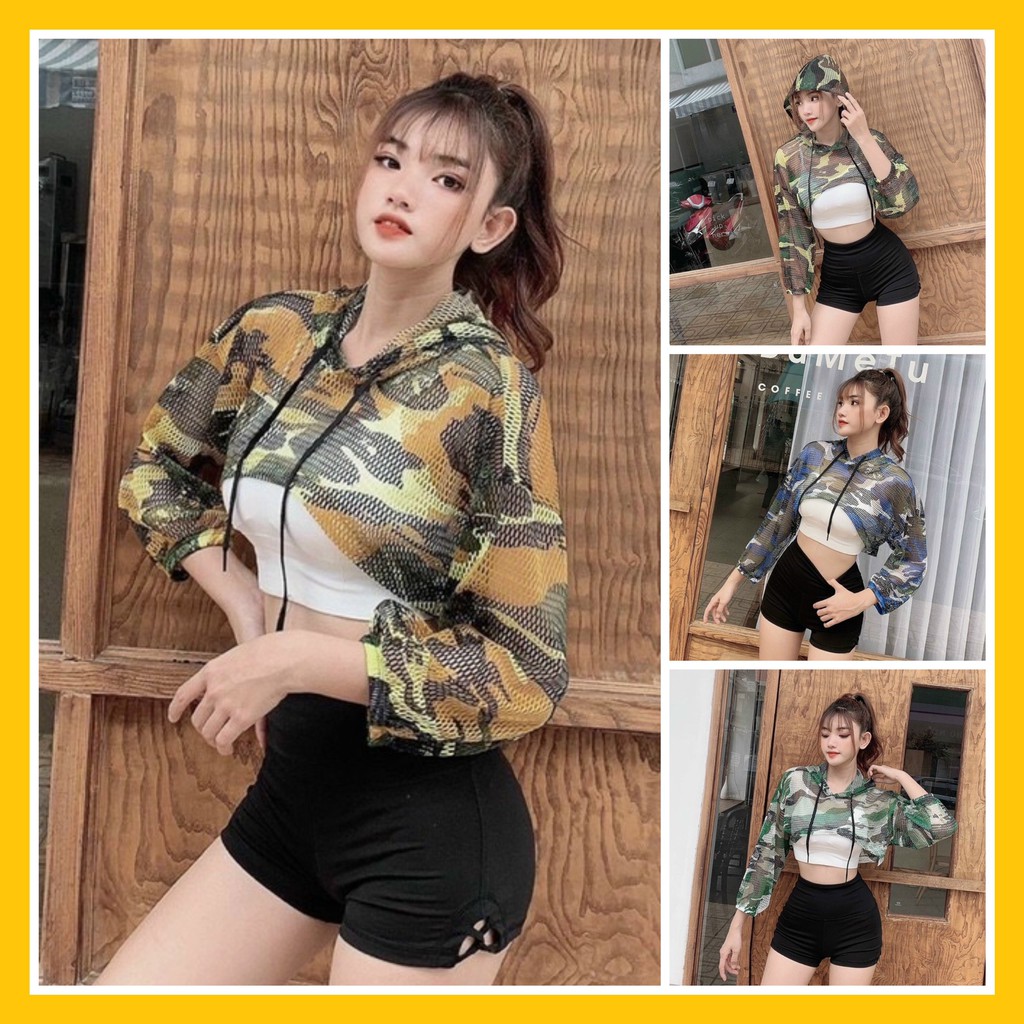 Áo Tập Gym Nữ [CROPTOP] Thể Thao Camo Lưới Có Mũ Độc Đáo [ĐỒ TẬP GYM NỮ]