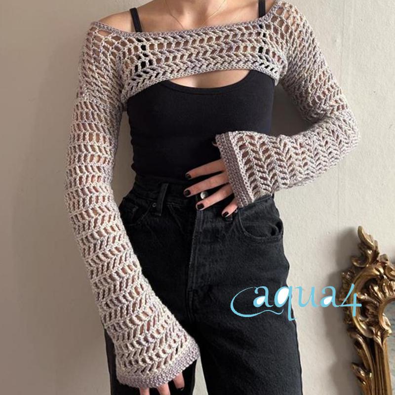 Áo Crop Top Nữ Dệt Kim Tay Dài Phong Cách Vintage Y2K Che Phủ Nâng 2000s