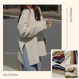 Áo len lông thỏ vạt xẻ cổ tròn chất len mịn oversize