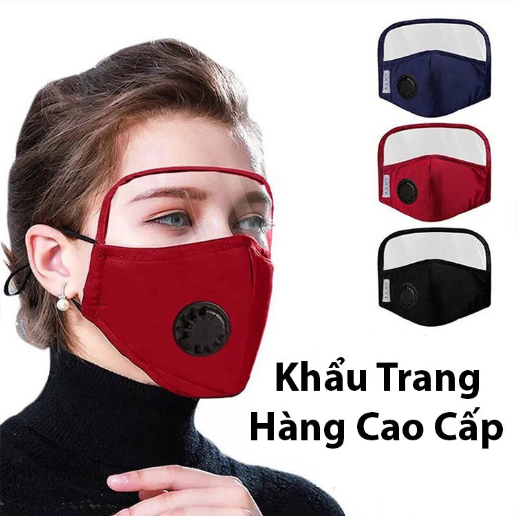 PVN42769 Khẩu trang vải có kính chắn bọt bắn có lớp than hoạt tính kháng khuẩn chống bụi mịn van thở thông thoáng