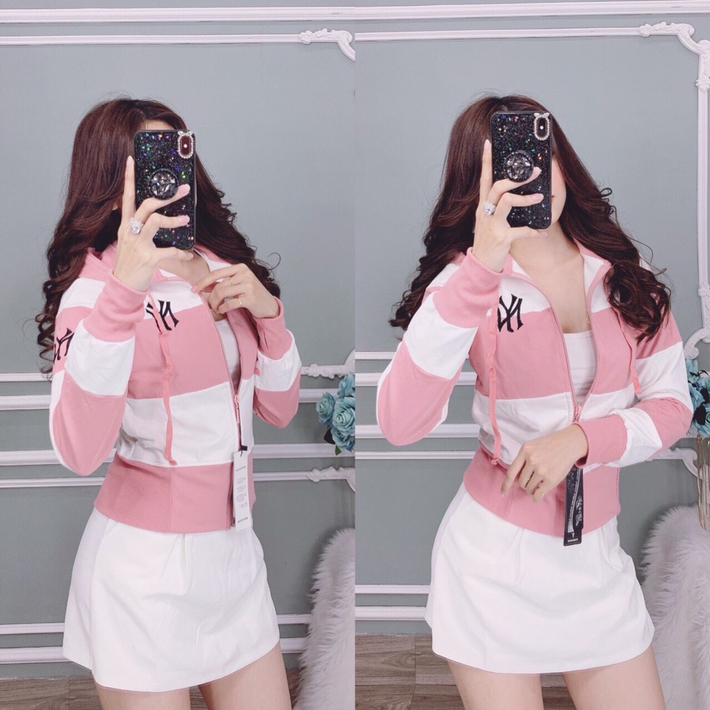 ÁO KHOÁC THUN NỮ CROPTOP THÊU NEW YOK PHỐI SỌC MÀU KHOÁT KIỂU THỜI TRANG HÈ SÀNH ĐIỆU XUÂN THU