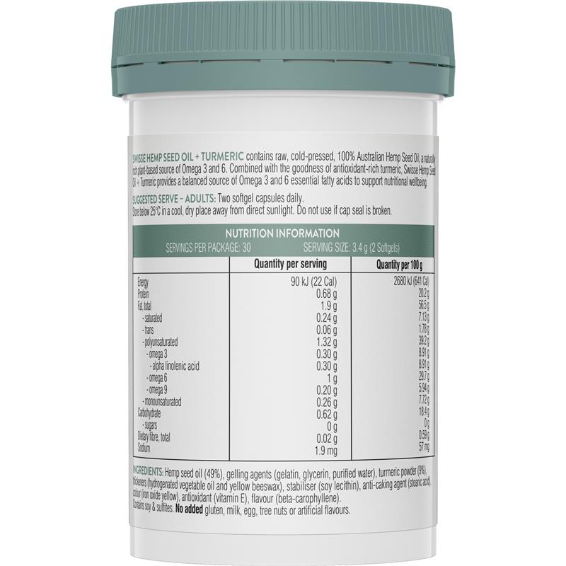 Viên uống Swisse Hemp Seed Oil + Turmeric 60 viên, bổ sung tinh dầu hạt gai + bột nghệ, tăng cường sức khỏe