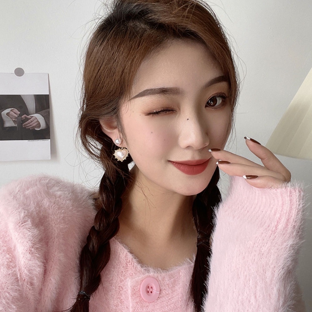 Bông Tai Mạ Bạc 925 Đính Ngọc Trai Hình Trái Tim Phong Cách Cổ Điển