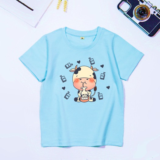 áo thun cotton day mịn cho bé trai bé gái-áo thun ngắn tay họa tiết bò sữa vui nhộn