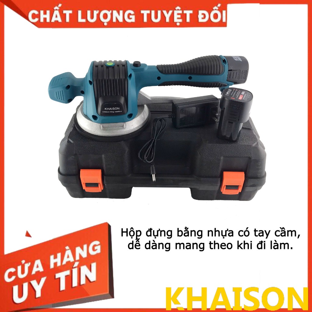 Máy ốp lát gạch men cầm tay, máy đầm rung dùng pin 18v 6 cấp độ rung Khaison, bộ 2 pin