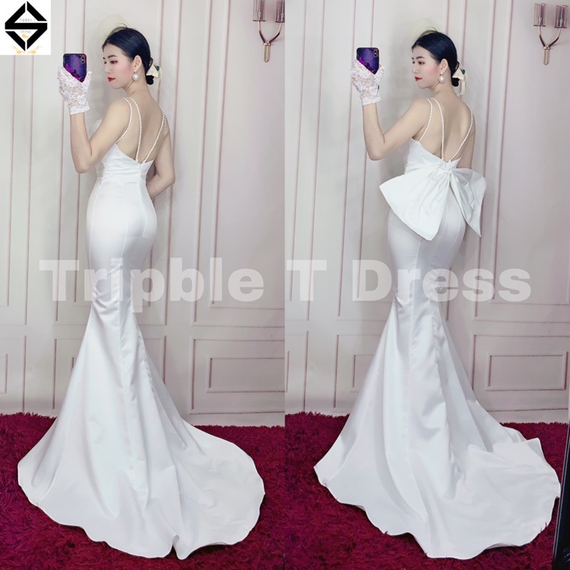 Đầm maxi body TRIPBLE T DRESS mặc cưới đi bàn đuôi cá hở nơ lưng - size S/M/L -MS238Y