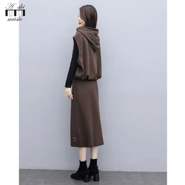 Bộ 2 Món Áo Hoodie Dáng Rộng Phối Chân Váy Thời Trang Mùa Thu Cho Nữ