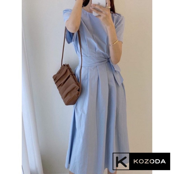 Váy thắt nơ rời dáng dài Hàn Quốc Đầm thanh lịch thiết kế xếp li chít eo tôn dáng Kozoda D23