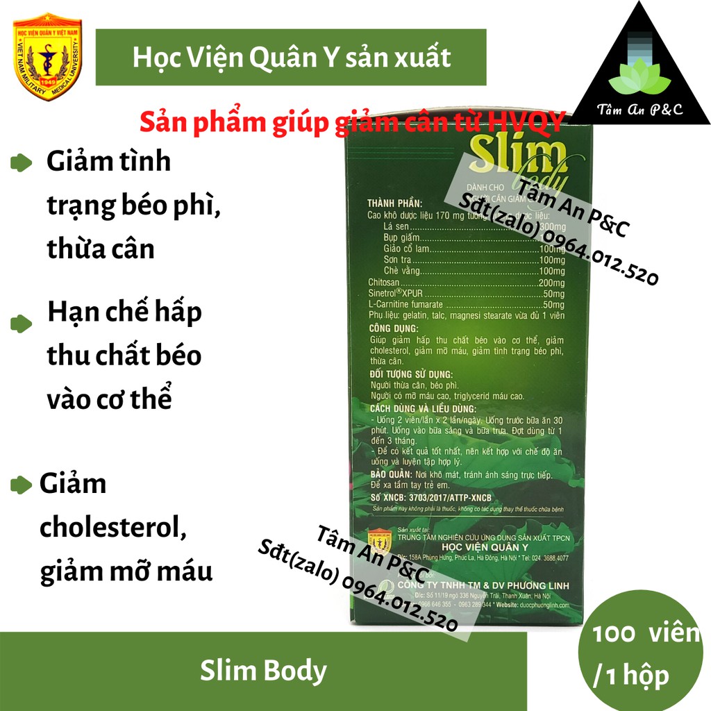 ( Giảm cân an toàn ) Viên uống giảm cân Slim Body sản xuẩt bởi Học viện Quân Y hộp 100 viên | BigBuy360 - bigbuy360.vn