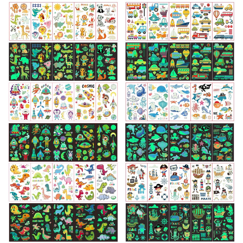 Set 5 tấm hình xăm dán dạ quang chống nước in hình khủng long cho bé