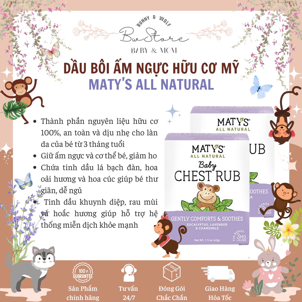 Dầu Bôi Ấm Ngực Hữu Cơ MATY'S All Natural Baby Chest Rub Mỹ Hũ 43gr chống cảm cho bé từ 3m+