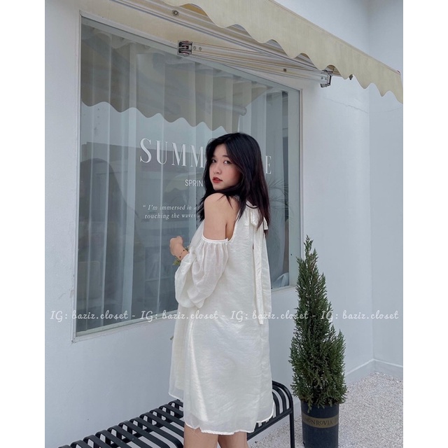 Váy tơ khoét vai cột dây sau