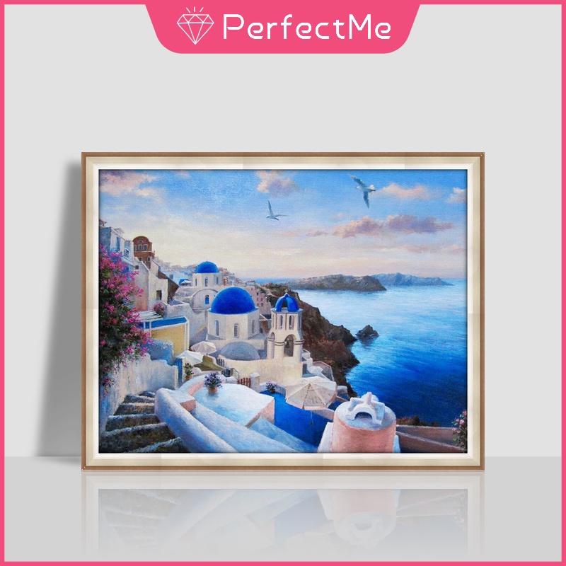 Bộ Tranh Đính Đá 5D Họa Tiết Phong Cảnh Santorini Độc Đáo DIY 50x40cm