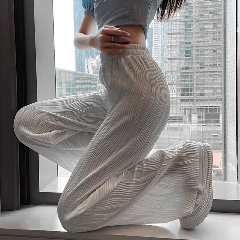 Quần dài lưng cao ống rộng vải lụa mát thời trang mùa hè cho nữ