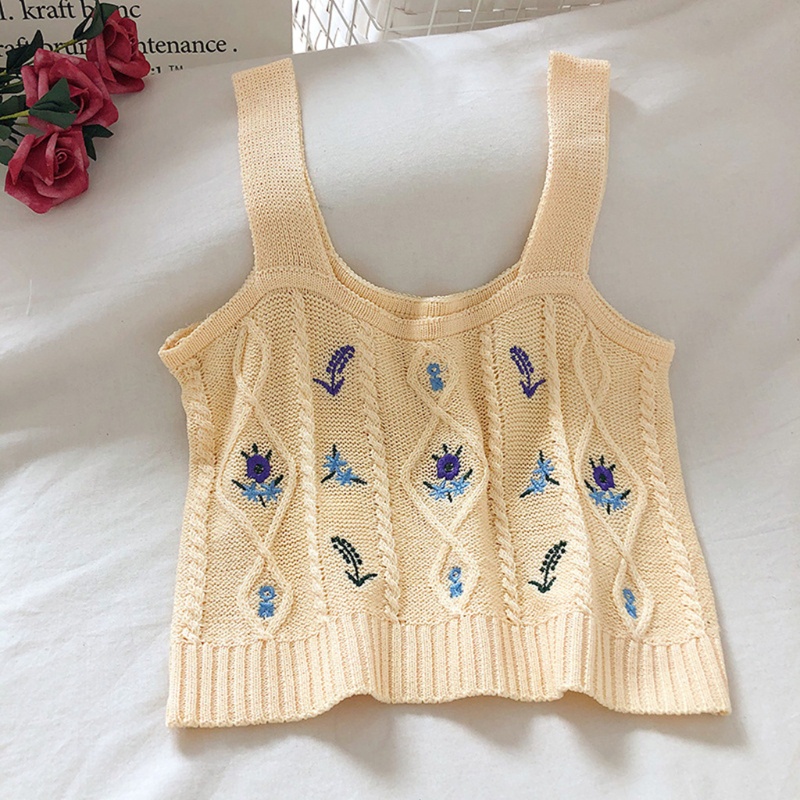 Áo croptop dệt kim không tay thêu hoa màu sắc ngọt ngào phong cách Hàn Quốc cho nữ