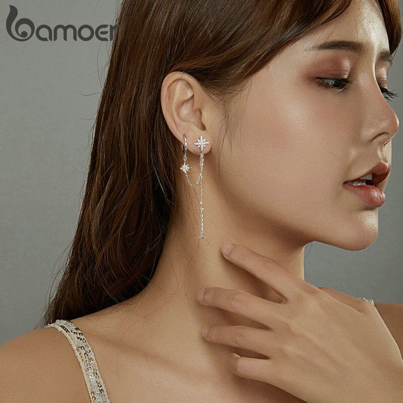Khuyên tai BAMOER BSE433 bằng bạc 925 hình ngôi sao lấp lánh dành cho nữ