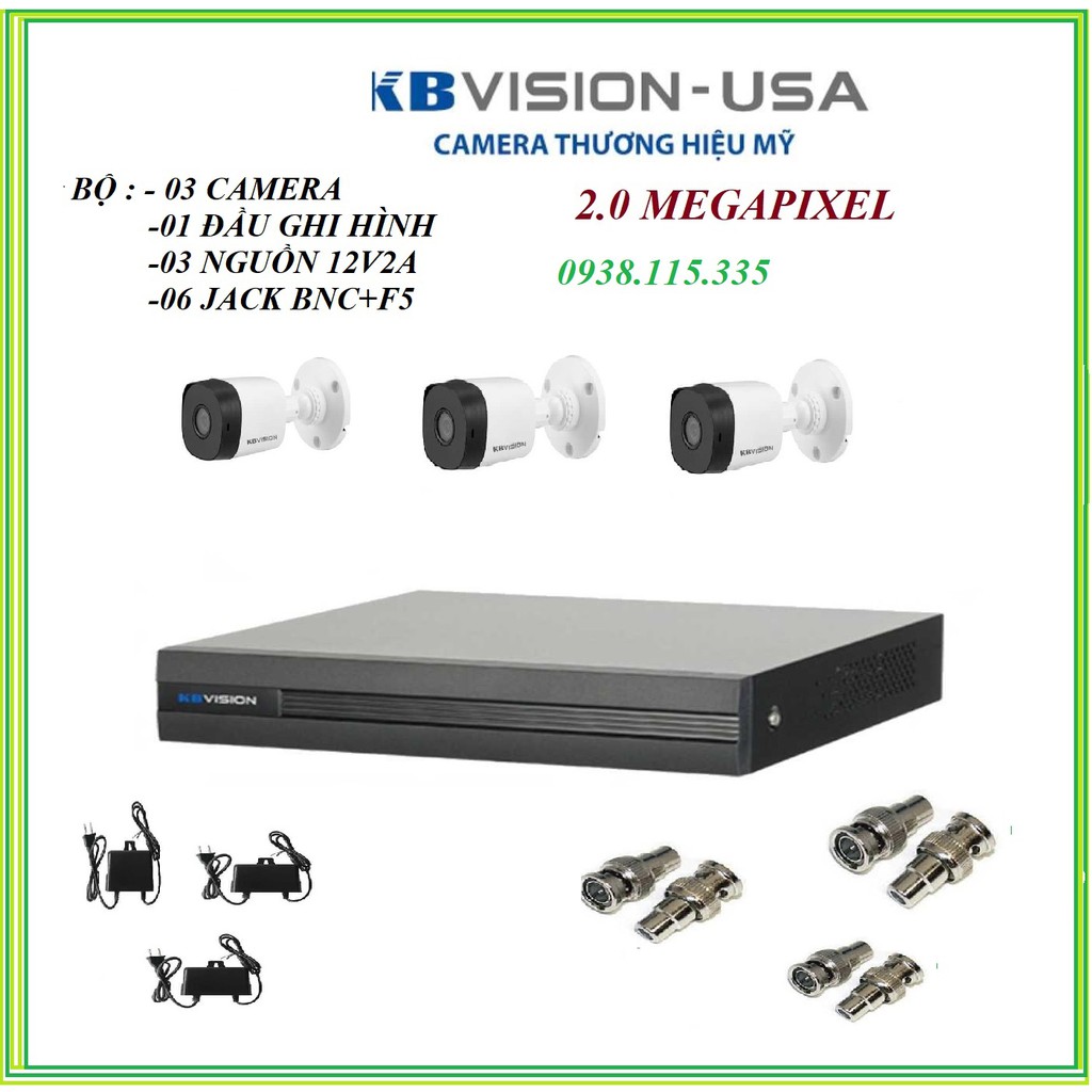 TRỌN BỘ 3 CAMERA KBVISION KX-2111C4 (2.0 MEGAPIXEL), đầu ghi KX-7104SD6