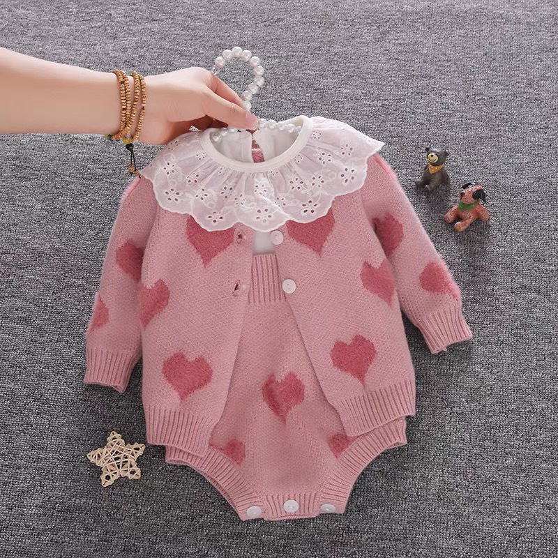 Bộ yếm len lông cừu và áo khoác cardigan họa tiết trái tim dành cho bé gái HÀNG CAO CÂP LOẠI 1