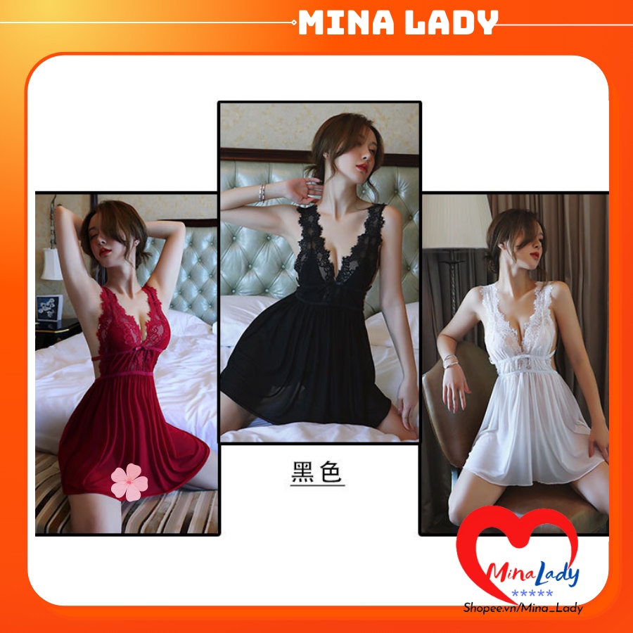 Đầm ngủ sexy xuyên thấu gợi cảm hở sau  màu đỏ,đen, trắng. voan mỏng kèm chip không có mút ngực MINALADY-SXM1147