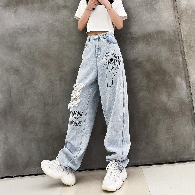 Jiashucheng Quần Jean Dài Lưng Cao Ống Rộng Phối Rách In Họa Tiết Cá Tính