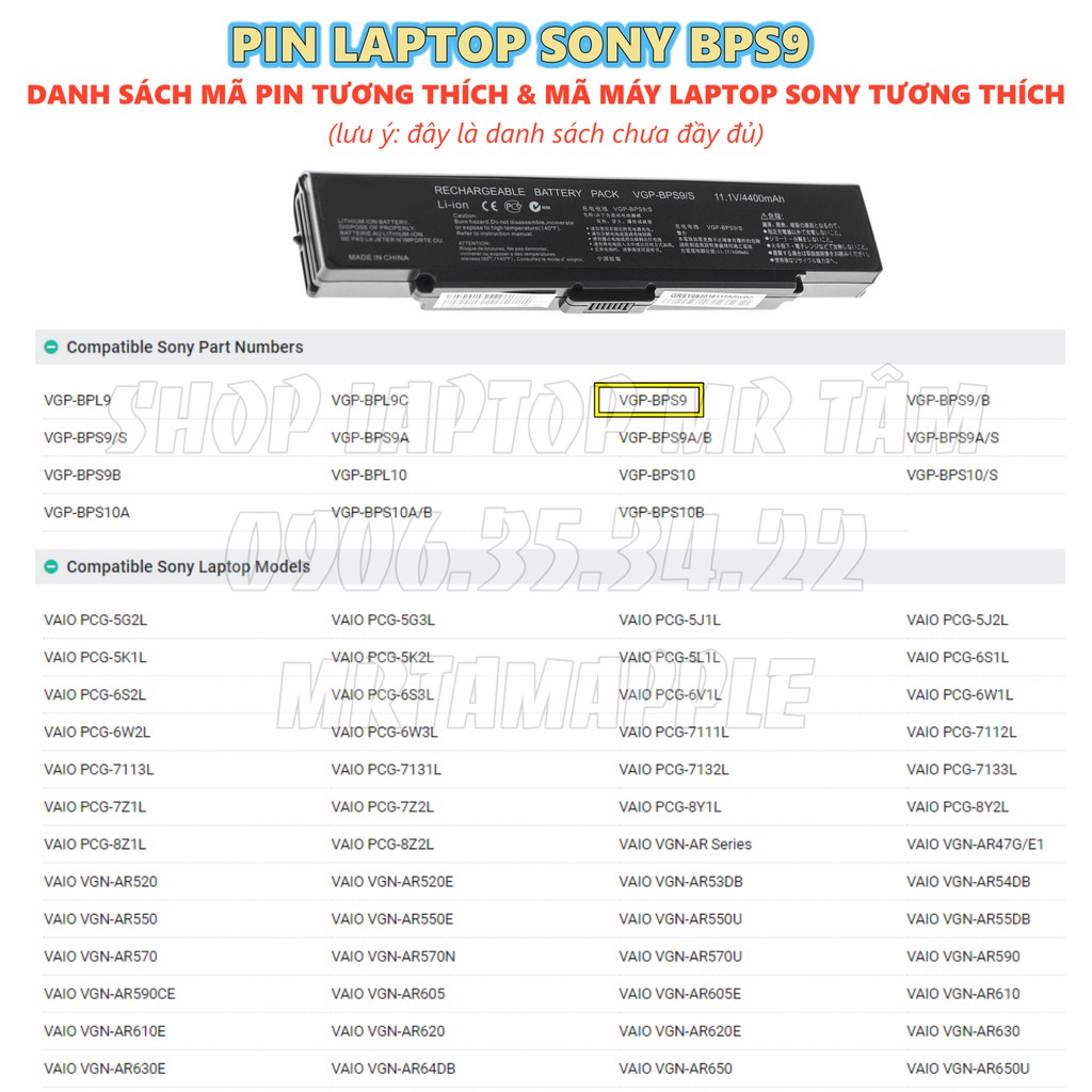 Pin Laptop SONY BPS9 - 6 CELL - Vaio VGN-AR, VGN-CR, VGN-NR