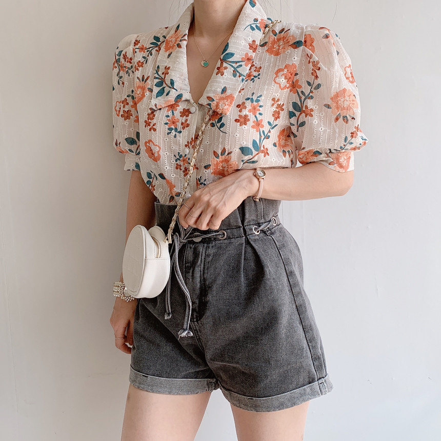 Áo Sơ Mi Nữ Tay Ngắn Thêu Hoa Phong Cách Retro Hàn Quốc