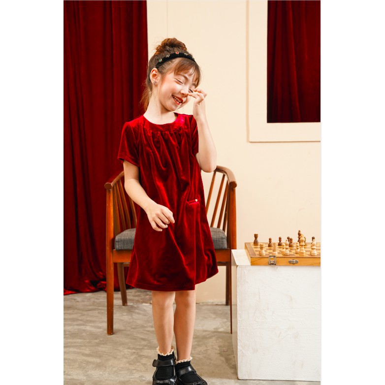 Đầm nhung cộc tay thiết kế suông cho bé gái - Vanessa Dress - Đỏ Bordeaux