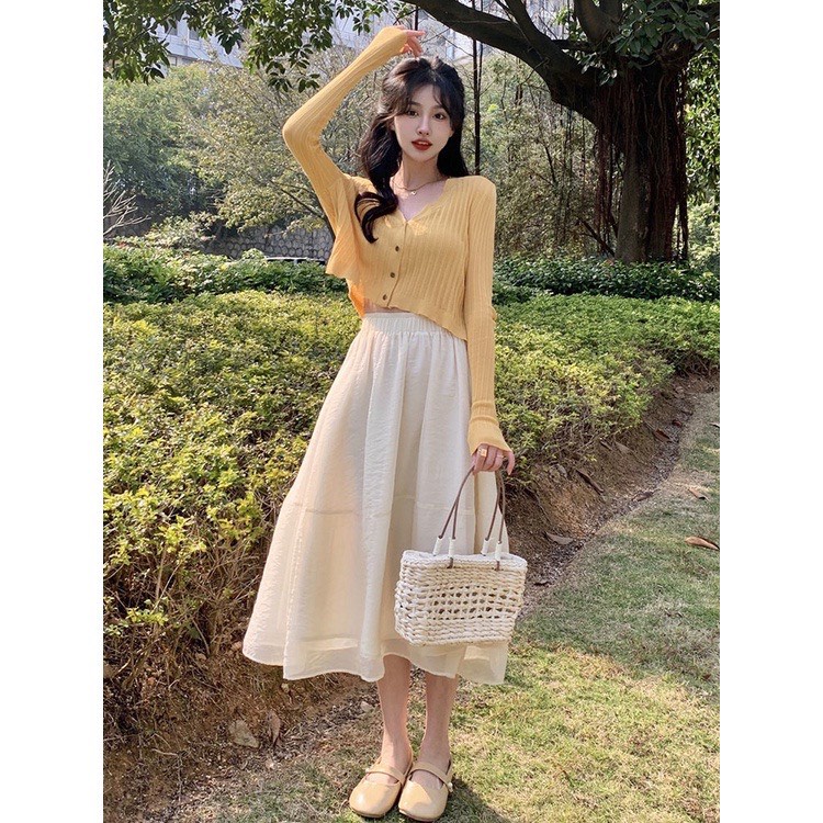 Chân váy midi tơ nhăn dáng dài công chúa bồng bềnh chuzme