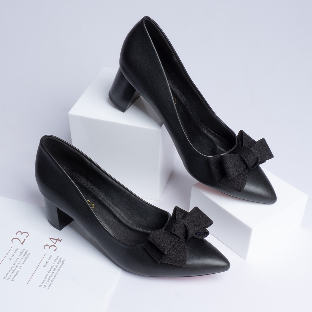 Giày cao gót nữ thời trang mũi nhọn đính nơ điệu đà kiểu dáng cơ bản cao 5cm màu đen kem