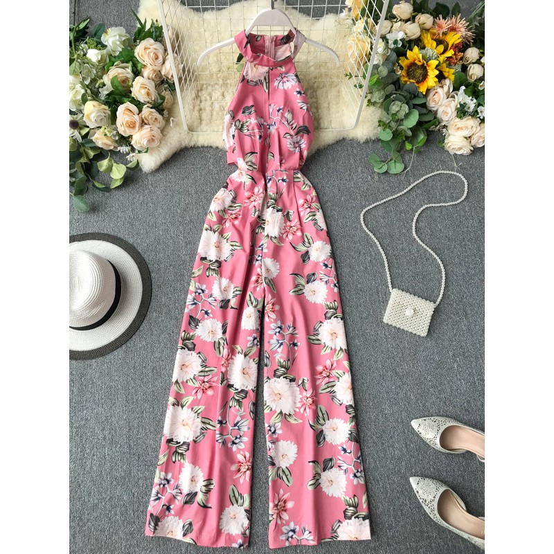 Jumpsuit hoa cổ yếm quần ống rộng gợi cảm (Hàng oder chuẩn hình 100%)