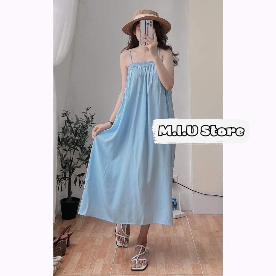 Váy Đầm Maxi Đi Biển Hai Dây Xòe Vải Đũi Lụa Mềm Mát Màu Xanh Lá Xanh Bơ