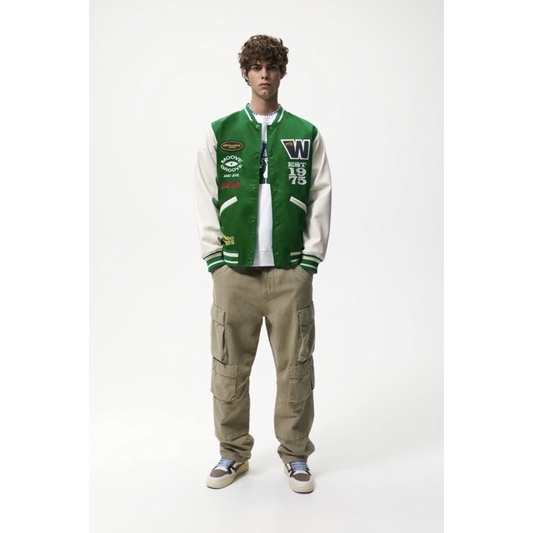 Order áo khoác xuất dư ZARA của nam Áo khoác bomber phối vải có các miếng đáp trang trí tay da